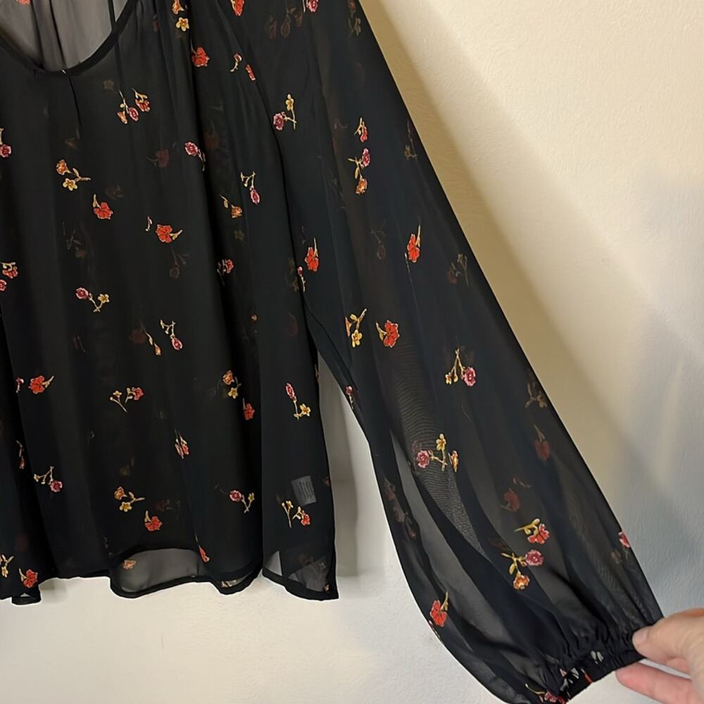 Ana Black Floral Blouse Womens XXL Sheer Elastic Cuffs Feminine Fairy Whimsigoth - Picture 3 of 13